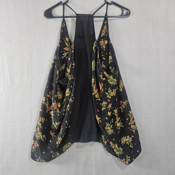 PJK S Silk Tank Bird Print Boho Flowy Lagenlook Hankerchief hem Blouse Black - Picture 4 of 6